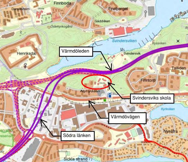 RISKUTREDNING Figur 5. Svindersviks skolas placering i förhållande till Värmdöleden, Södra länken och Värmdövägen.