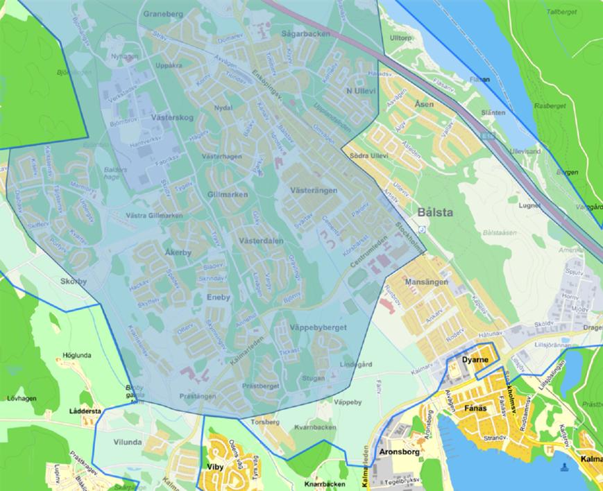 Inre zon: fönster max 23 meter över mark Yttre zon: fönster max 11 meter över mark Insatstider, utrymning med hjälp av räddningstjänsten, Bålsta tätort Övriga tätorter och kommundelar I Fjärdhundra,