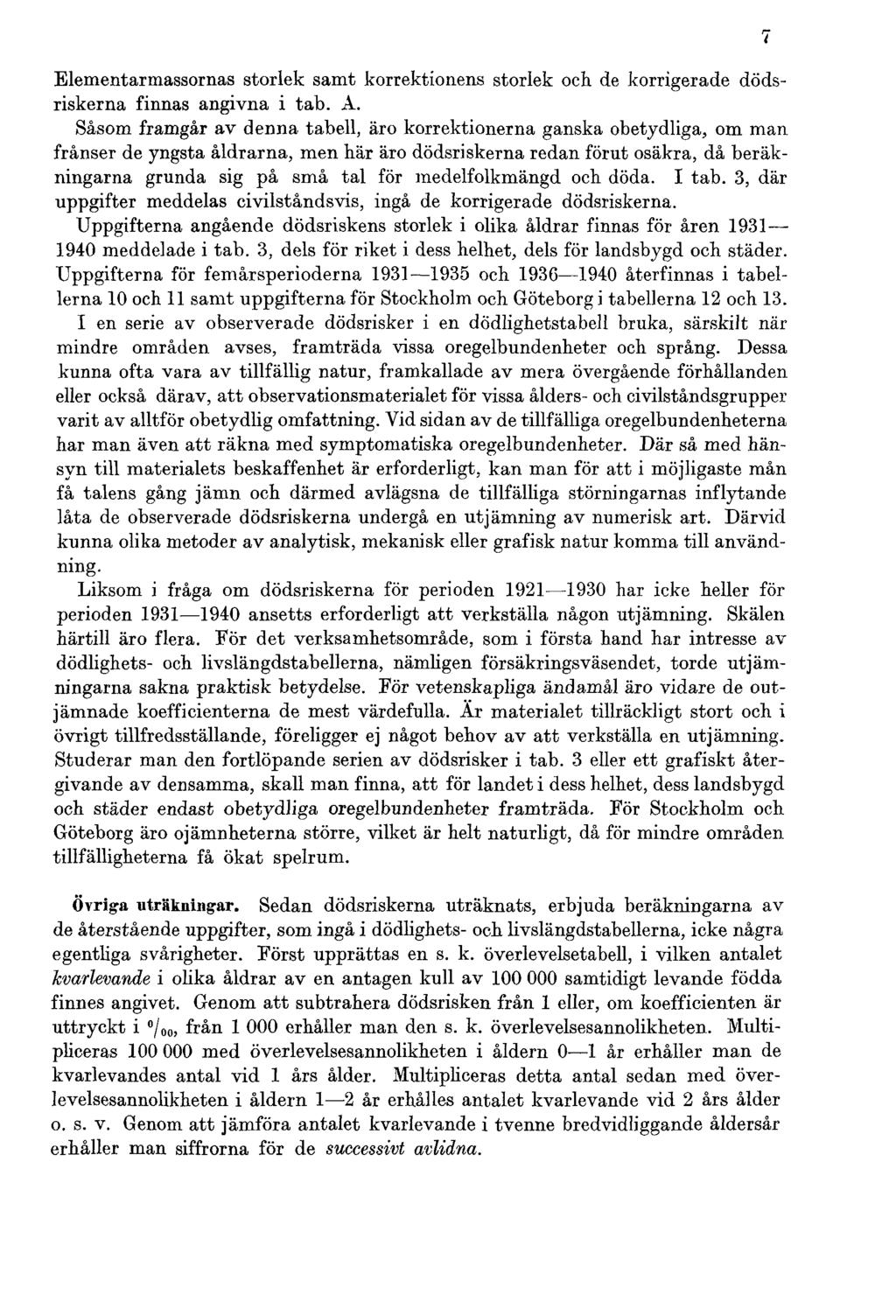 Elementarmassornas storlek samt korrektionens storlek och de korrigerade dödsriskerna finnas angivna i tab. A.