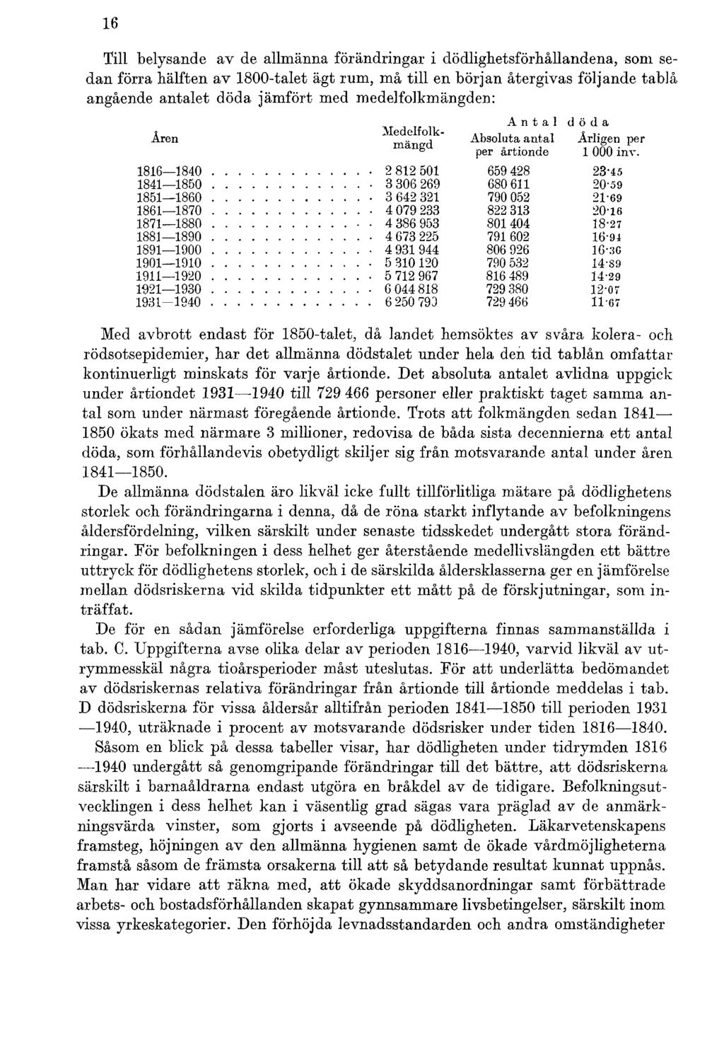 16 Till belysande av de allmänna förändringar i dödlighetsförhållandena, som sedan förra hälften av 1800-talet ägt rum, må till en början återgivas följande tablå angående antalet döda jämfört med