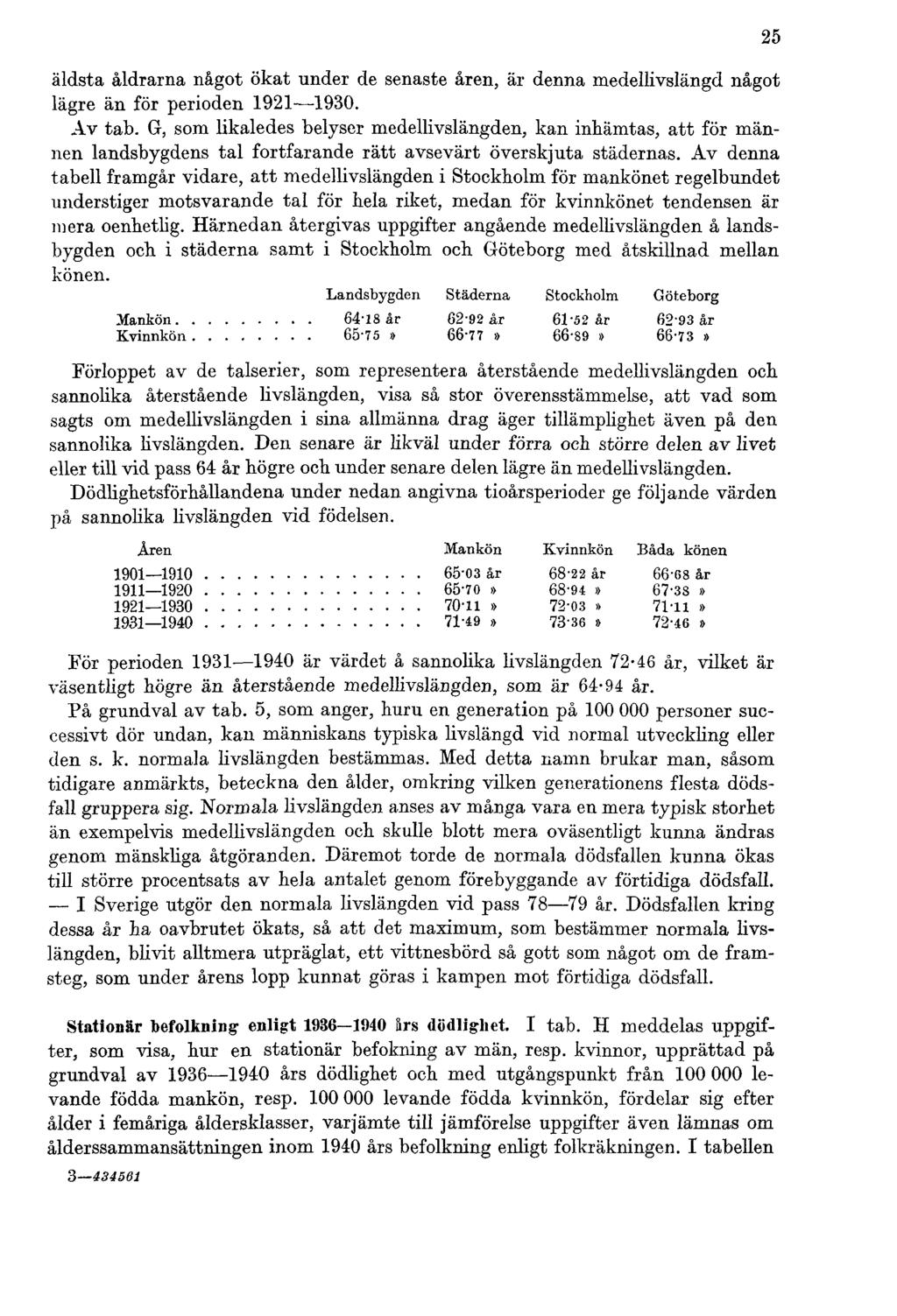 äldsta åldrarna något ökat under de senaste åren, är denna medellivslängd något lägre än för perioden 1921 1930. Av tab.