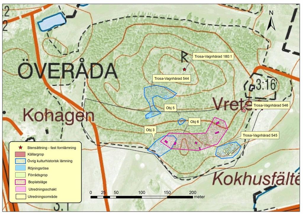 Resultat Vid utredningen registrerades inga fasta fornlämningar. Sex objekt registrerades varav fem objekt bedömdes vara övriga kulturhistoriska lämningar.