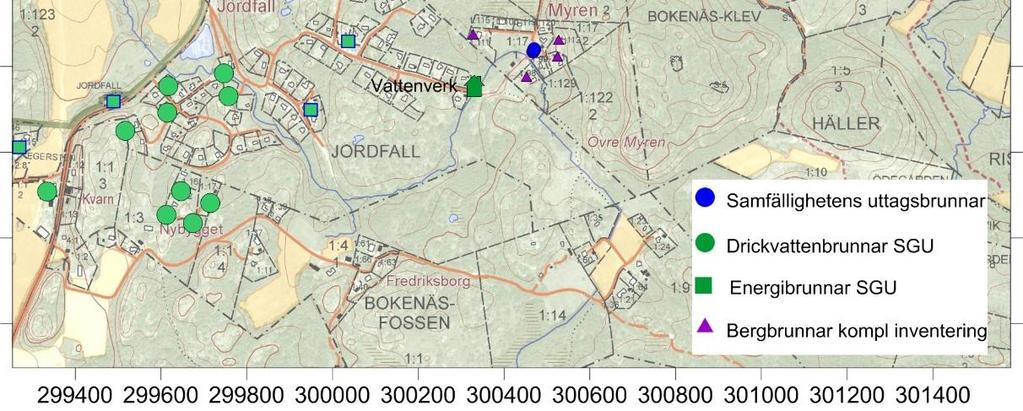 Enligt SGUs brunnsarkiv finns bergbrunnar som används för både dricksvatten och utvinning av energi i området, se Figur 7.