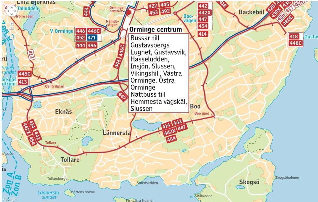 repo001.docx 2012-03-2914 Figur 7. Kollektivtrafik i skolans närområde. Boo Gårds skola inringat i blått.