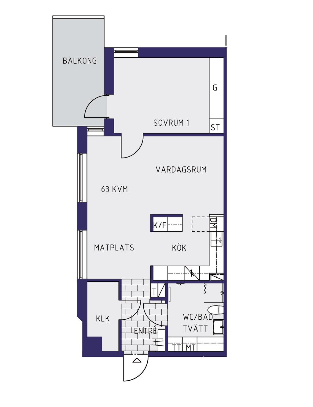 Exempel på planlösning 2 RoK 63 m² ST