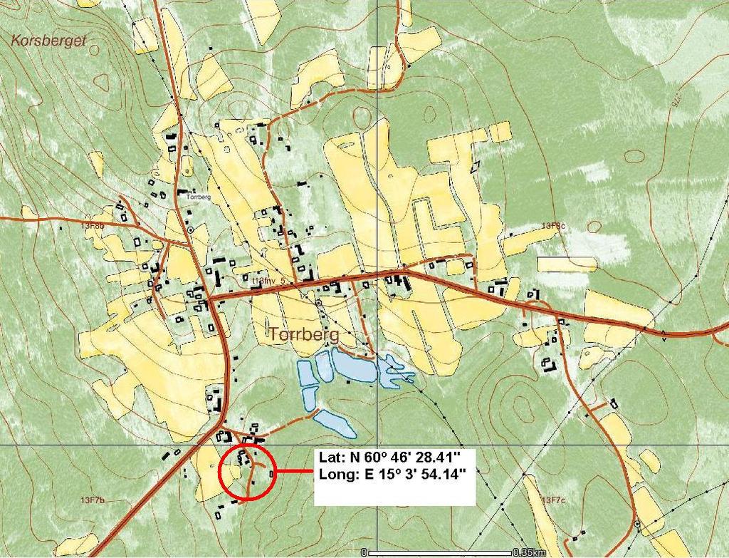 3 Geografiskt läge Alla byggnaderna finns samlade i utkanten av Torrberg, koordinater Lat: N 60º 46' 28.41" Long: E 15º 3' 54.14" enligt system RT90. Se det inringade området på kartan nedan,.