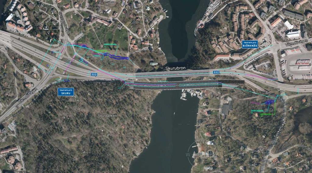1 Befintliga skyddsåtgärder I dagsläget finns ingen dagvattenhantering vilket innebär att ett eventuellt utsläpp på bron eller i närheten rinner direkt ner i Skurusundet.