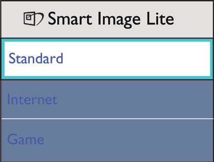 Hur aktiverar jag SmartImage? Det finns tre lägen att välja mellan: Standard, Internet, Game (spel). 1. Tryck på för att starta SmartImage bildskärmsmeny; 2.