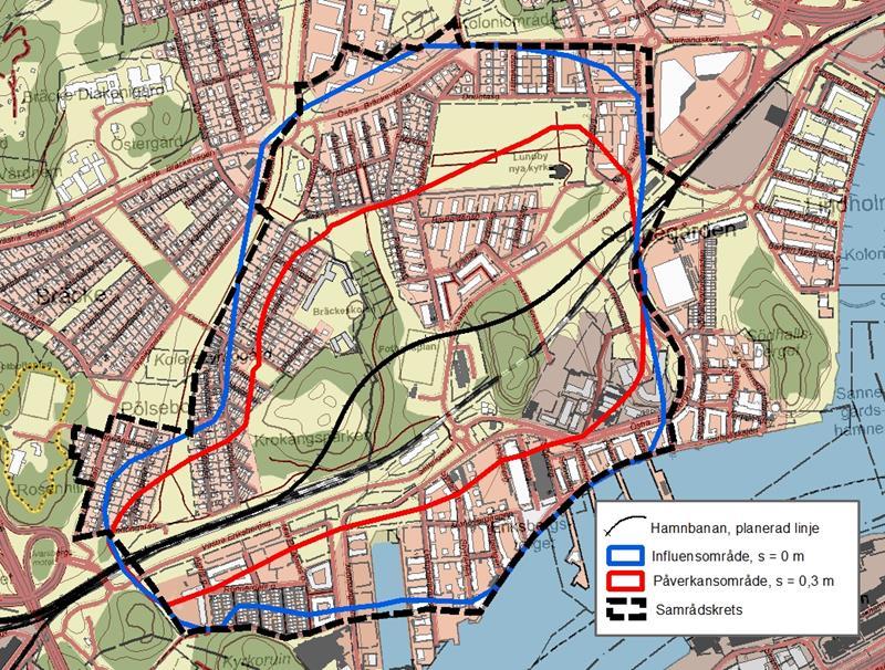 Figur 1: Samrådskretsen för tillståndsansökan om vattenverksamhet för projektet Hamnbanan, delen Eriksberg
