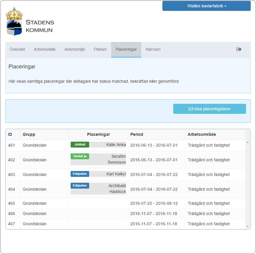 Placeringar Under fliken placeringar listas alla era platser på egna rader och om kommunen är klar med matchning av personer till era platser visas även namn på de personer som fått erbjudande om