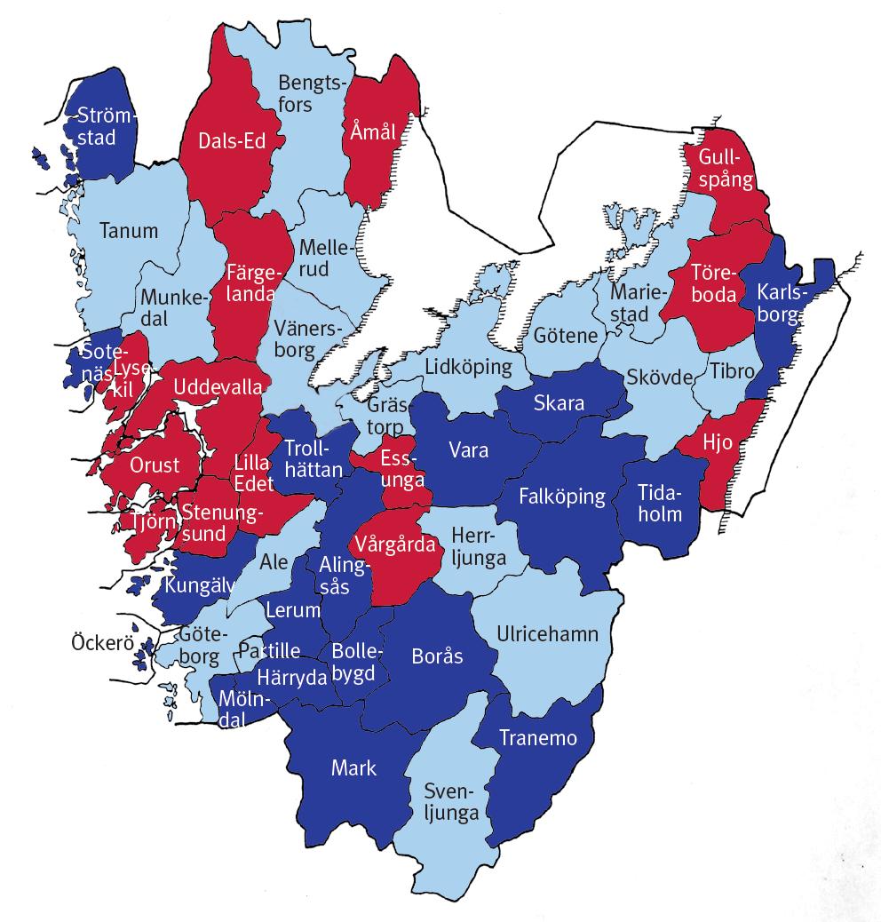 Gradering av kommunerna i Västra Götalands län 008 utifrån den finansiella profilen Förklaring, kartan Kartan på denna sida bygger på att kommunerna i Västra Götaland graderas efter hur finansiellt