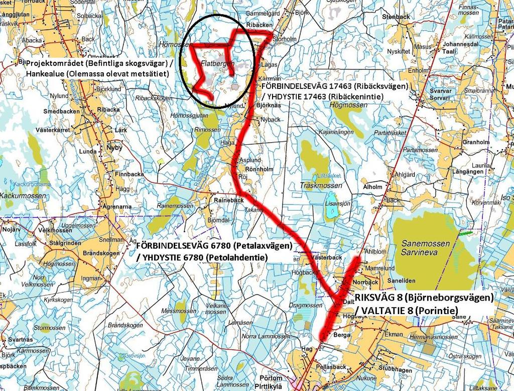 1-24 Det aktuella projektområdet ligger väster om förbindelseväg 17463 (Ribäcksvägen). Det bästa alternativet är att köra specialtransporterna till området via förbindelseväg 6780 (Petalaxvägen).