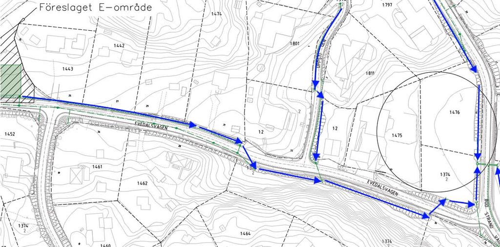 Evedalsvägen 0/640 till 0/750 Tillkommande flöde på 20 l/s från magasin på 940 m 3 samt flöde från Baggensviksvägen Dagvatten leds i ledning Evedalsvägen 0/750 till 0/820 Dagvatten leds både i