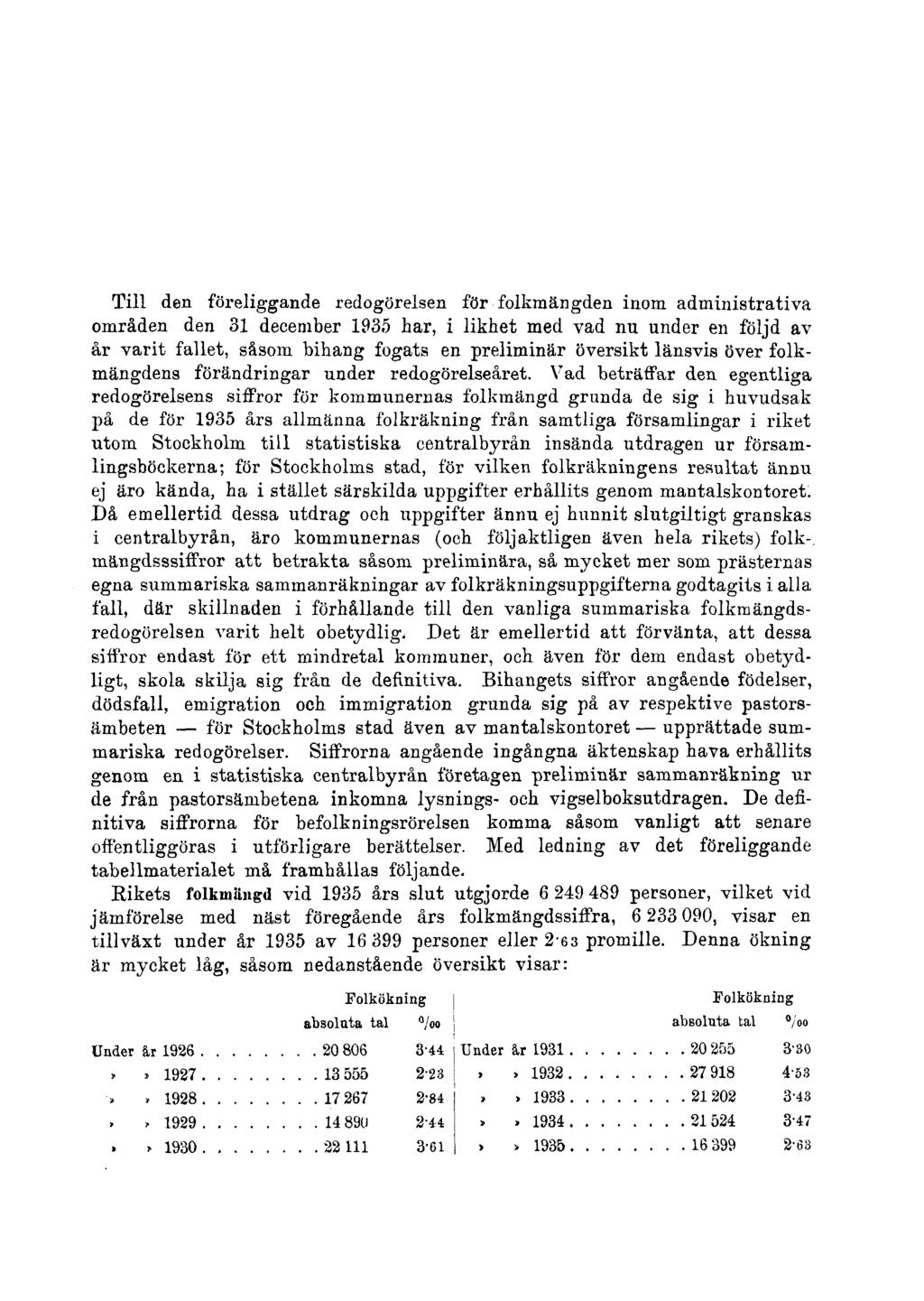 Till den föreliggande redogörelsen för folkmängden inom administrativa områden den 31 december 1935 har, i likhet med vad nu under en följd av år varit fallet, såsom bihang fogats en preliminär