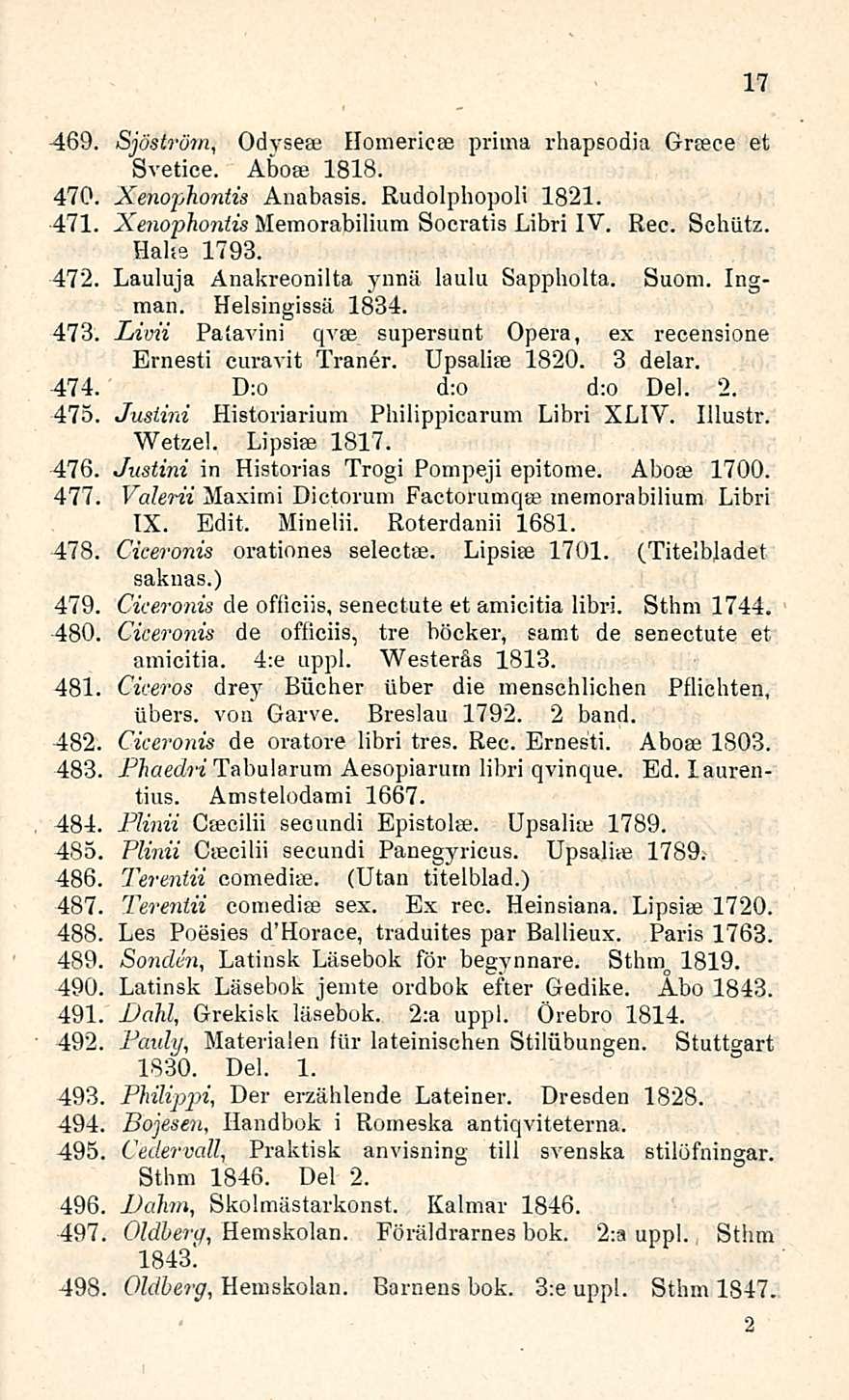 469. Sjöström Odysese Homericae priina rhapsodia Gne, ee et Svetice. Aboee 1818. 470. Xenophontis Auabasis. Rudolphopoli 1821. 471. Xenophoniis Memorabilium Soeratis Libri IV. Ree. Schutz. Haise 1793.