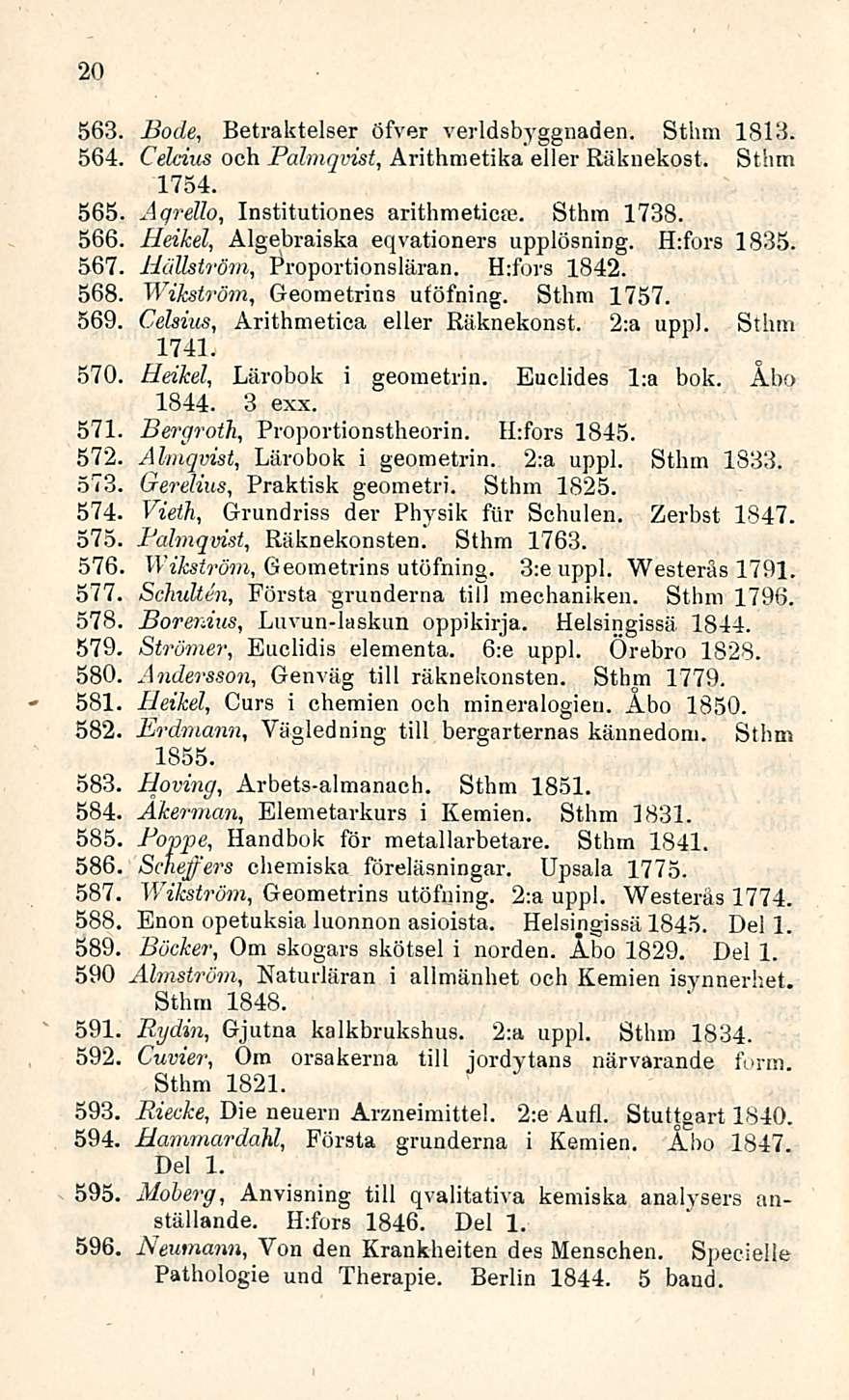 20 563. Bode, Betraktelser öfver verldsbyggnaden. Sthm 1813. 564, Celcius ooh Palmqvist, Arithmetika ellei - Räknekost. Sthm 1754. 565 Aqrello, Institutiones arithmeticfe. Sthm 1738.