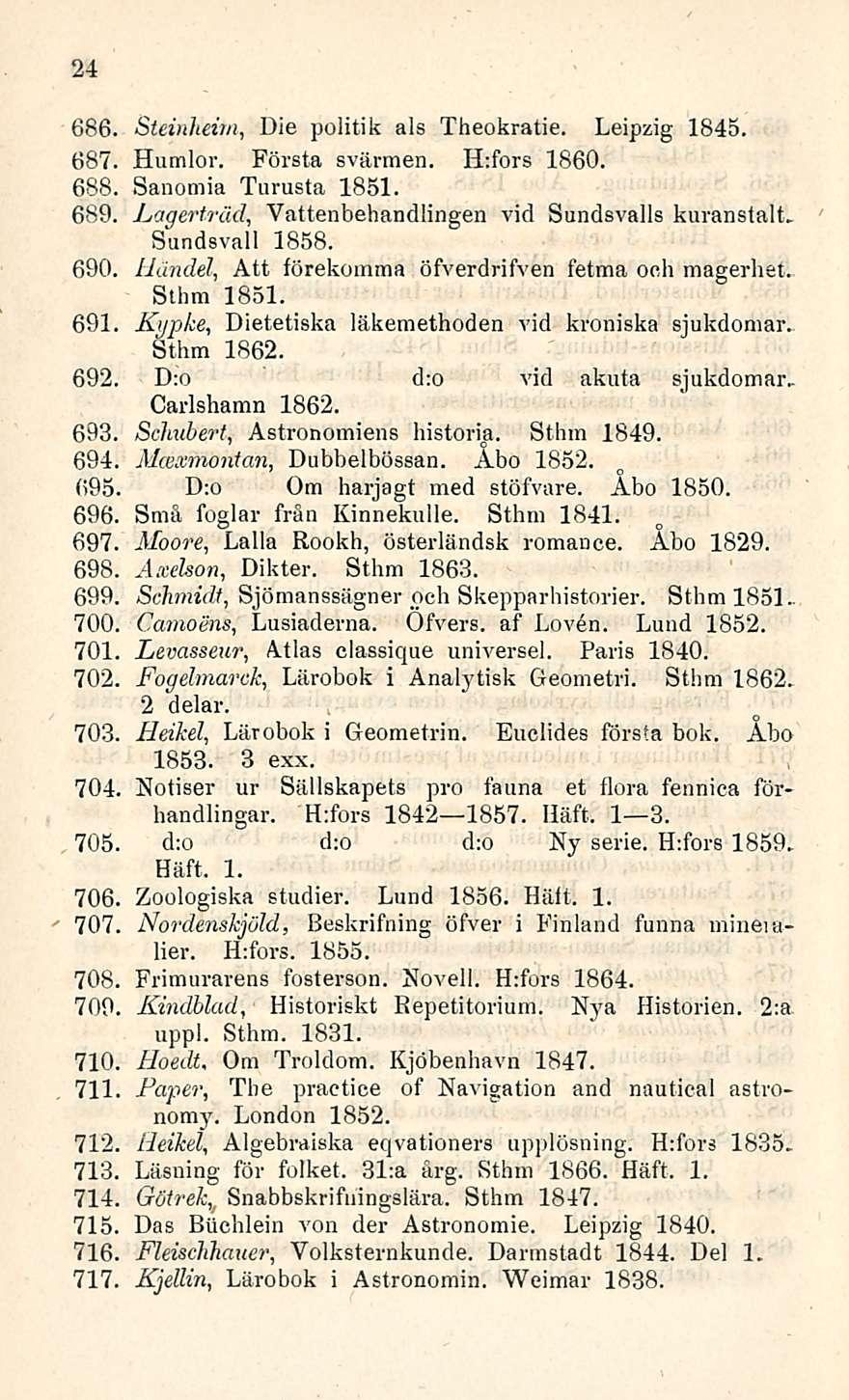 24 686. Steinheim, Die politik als Theokratie. Leipzig 1845, 687, Humlor. Första svärmen. H;fors 1860. 688. Sanomia Turusta 1851. 689. Lagerträd, Vattenbehandlingen vid Sundsvalls kuranstalt.