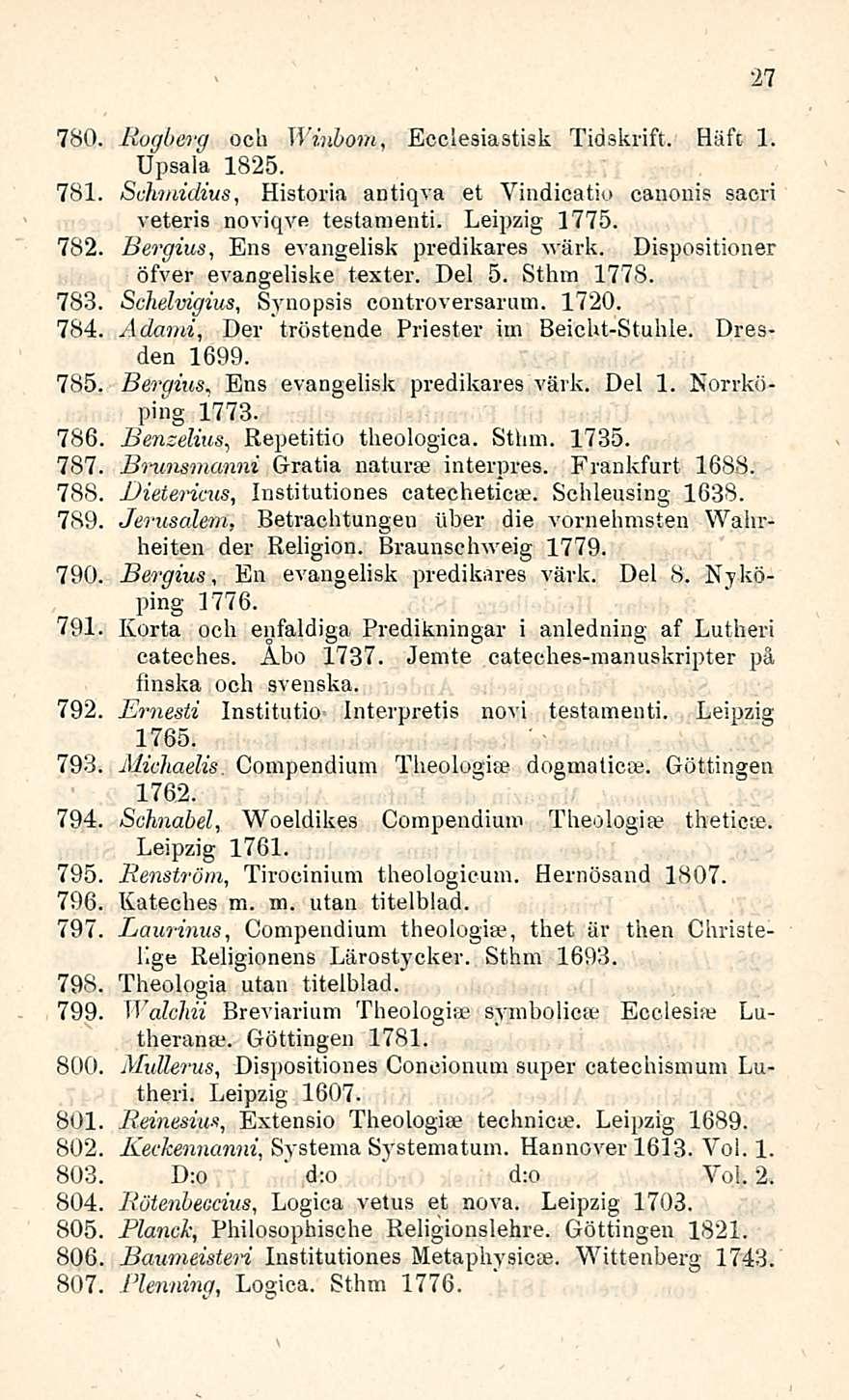 En 780. Rogberg och Winhoni, Ecclesiastisk Tidskrift. Häfc 1. Upsala 1825. 781 Schmidius, Historia antiqva et Vindicatio canonis saori veteris noviqve testanienti. Leipzig 1775.