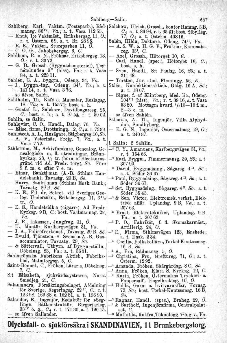 SahlbergSalin.. 687 Sahlberg, Karl, Vaktm.. (Postaparb.), Råd Salehow, Ulrich, Grossh., kontor Hamng. 5 i B, mansg. 86 1V ; ya.; a. ~. Vasa 11255:. C.; a, t. 86 94,.1'.t; 6531; bost. Sibylleg.