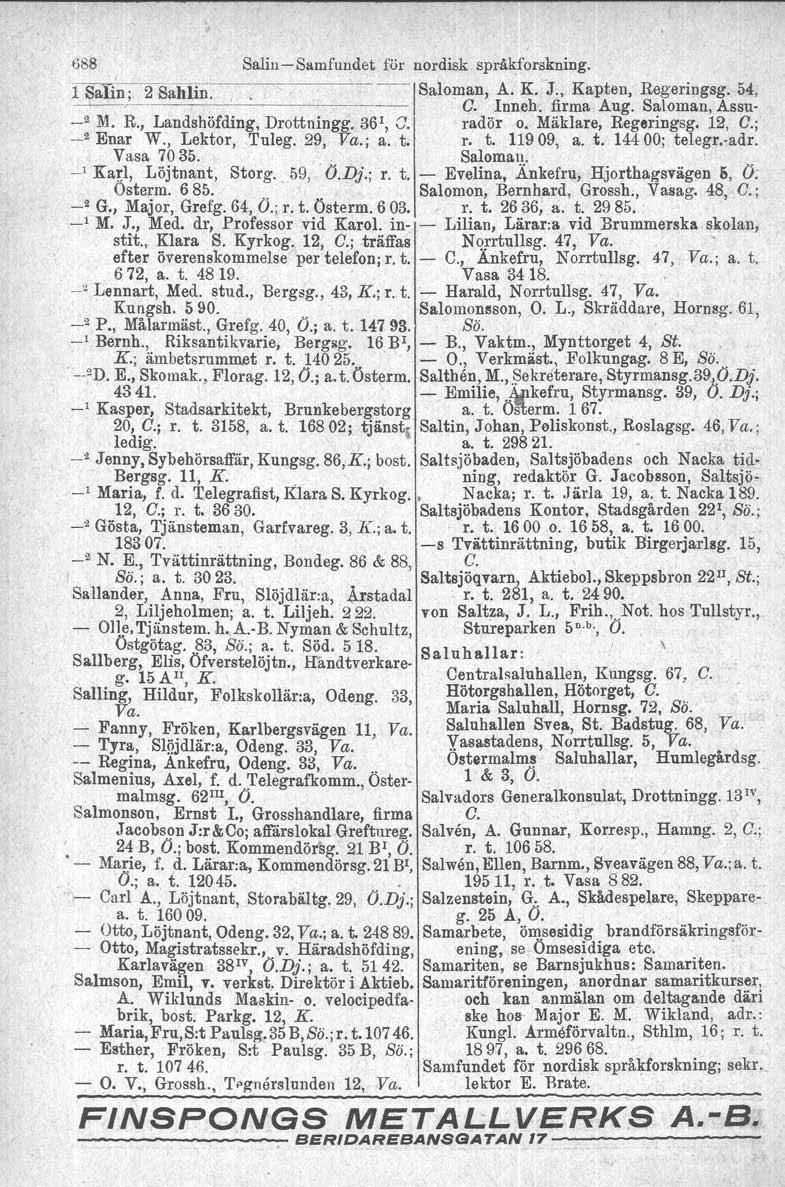 688 SalinSamfundet för nordisk språkforskning. 1 Salin.; 2 Sahlin. I Saloman, A. K.' J., Kapten, Reg:eringsg. 54, C. Inneh. firma Aug. Saloman, Assu _2 M. R., Landshöfding, Drottningg. 36 1, O.