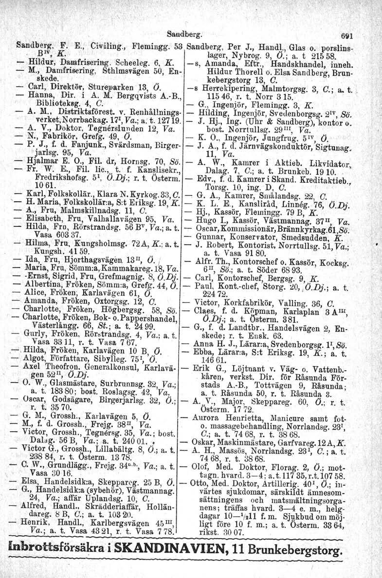 Sandberg. Sandberg, F. E., Civlllng., Flemingg. 53 Sandberg, Per J., Handl., Glas o. porslins BIv, K. lager, Nybrog. 9, O.; a. t 21558. Hildur, Damfriserill:g.Scheeleg. 6, K. s, Amanda, Eftr.