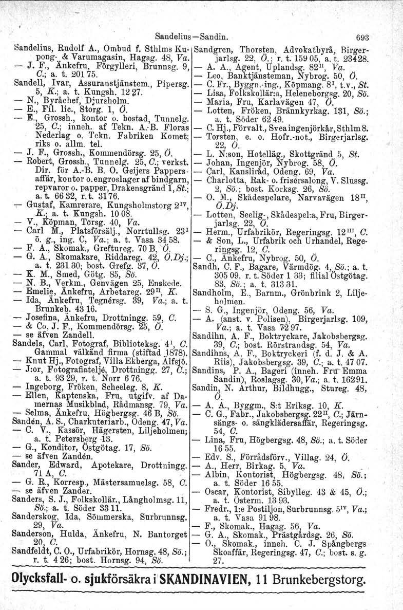 SandeliusSandin. 693 Sandelius, Rudolf A., Ombud f. Sthlms Ku Sandgren, Thorsten, Advokatbyrå, Birgerpong..& Varumagasin, Hagag. 48, Va. jarlsg. 22, O.; r. t. 15\J05, a. t. 23428. J. F.