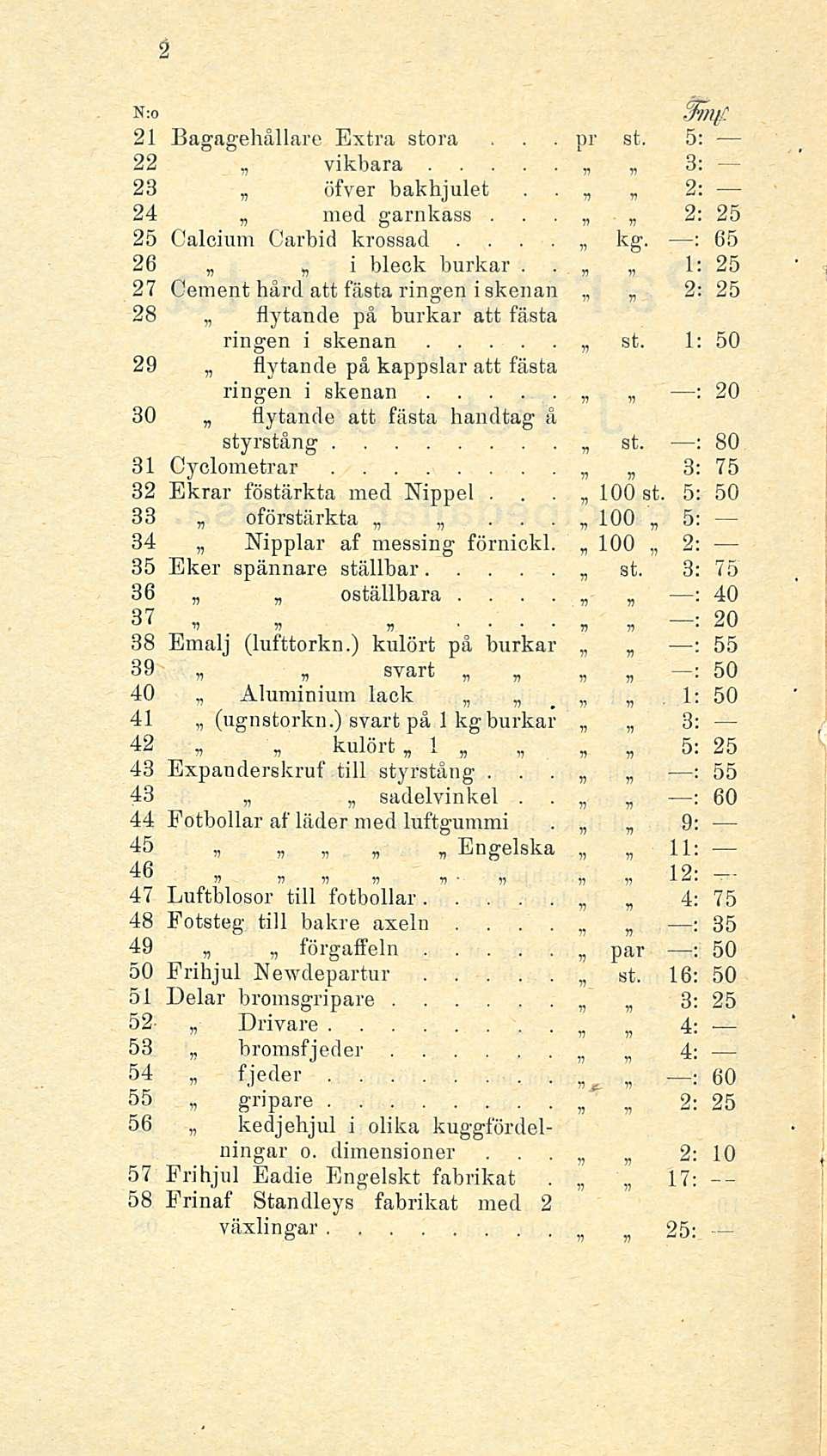 _ v v N:o ni{ ' - 21 Bagagehållare Extra stora pr st 5: 22 vikbara 3: 23 öfver bakhjulet, 2: 24 med garnkass 2: 25 25 Caloium Carbid krossad kg 65 i 26 1: 25 bleck burkar 27 Cement hård att fästa