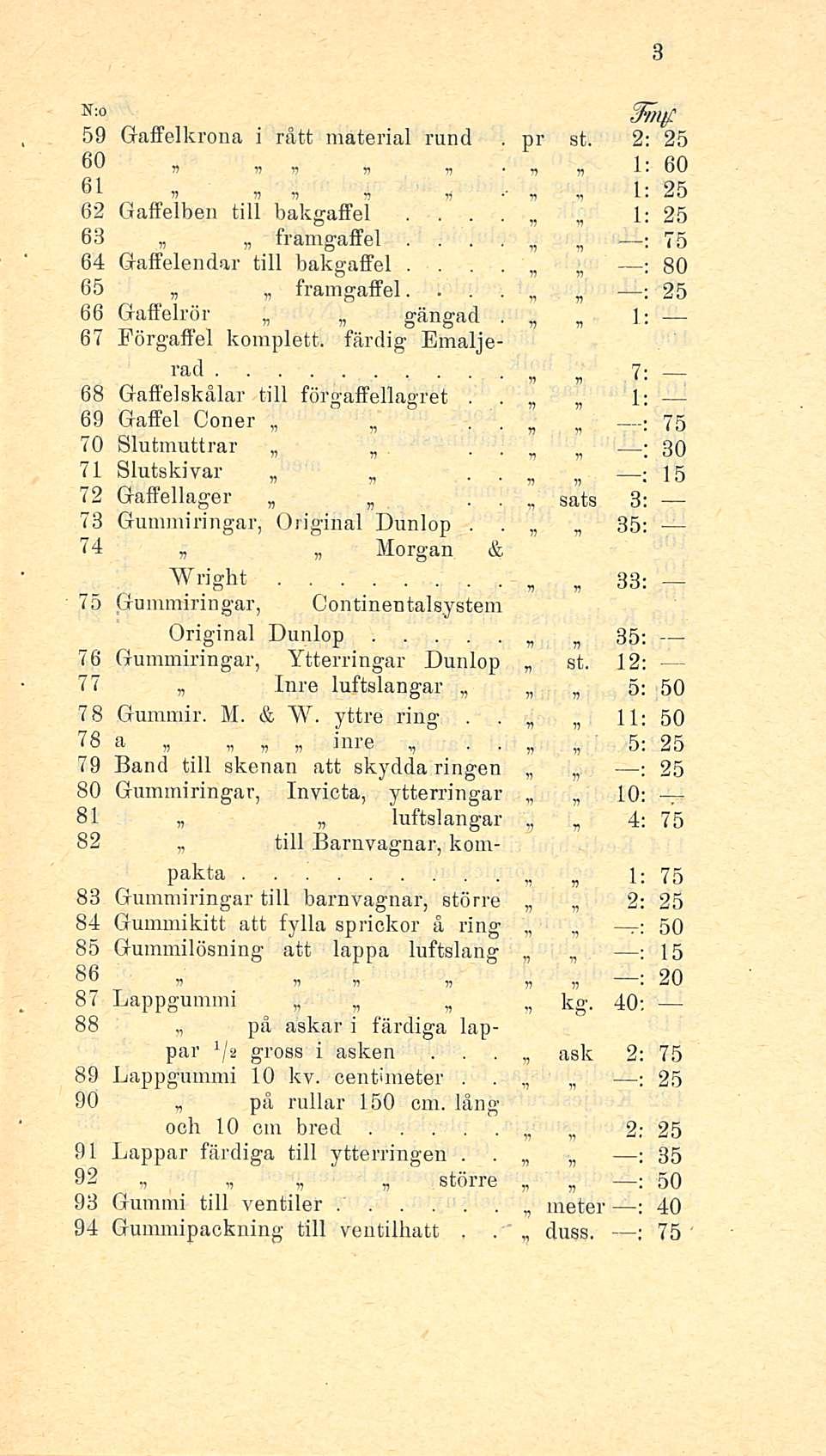 : N:0 59 Gaffelkrona i rätt material rund pr st 2: 25 66 v v v v v 7) n 1" 60 61 - ' rf ' v v 1 25 : 62 Gaffelben till bakgaffel 1; v 25 63 framgaffel 75 64 Gaffelen dar till bakgaffel ; v 80 65