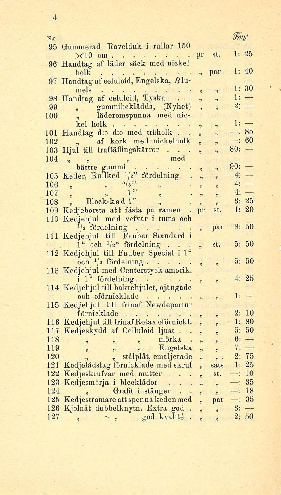 - * N;o Sltlf 95 Gummerad Ravelduk i rullar 150 XlO cm pr st 1: 25 96 Handtag af läder säck med nickel holk par 1: 40 97 Handtag af celuloid, Engelska, -ölumels n v 1: 30 98 Handtag af celuloid,