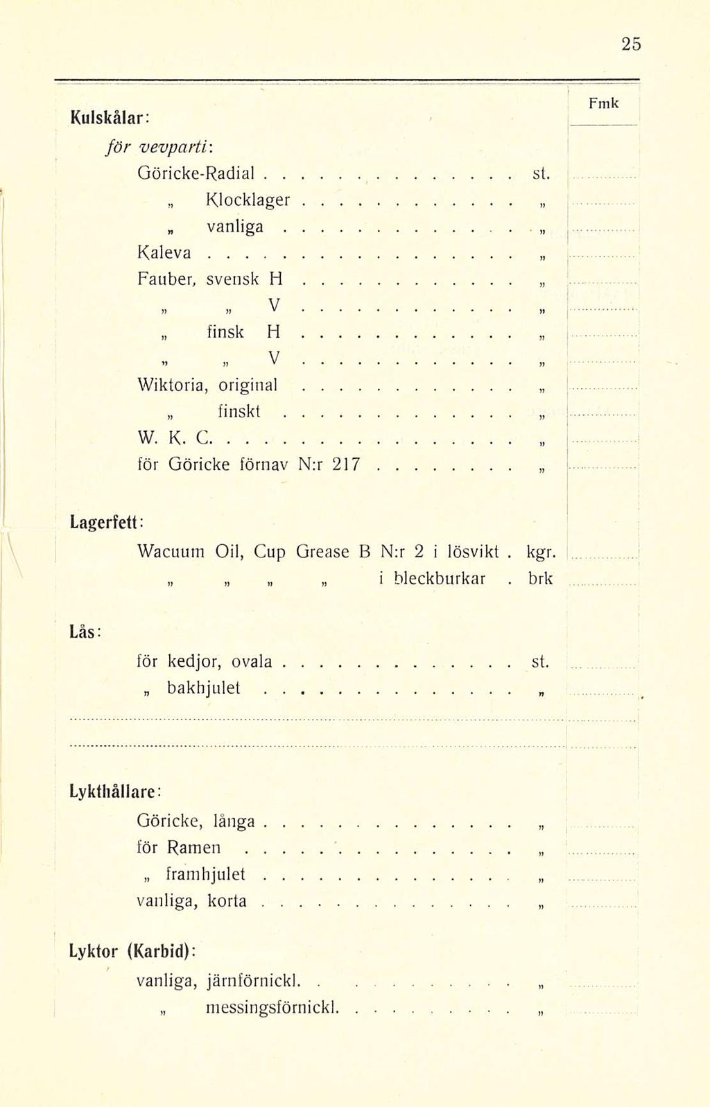 finskt Kulskålar: för vevparti: Göricke-Radial Klocklager vanliga n Kaleva Fauber, svensk H st»» V «finsk H Wiktoria, original W K C, för Göricke förnav N:r 217 Lagerfett: Wacuum Oil, Cup Grease