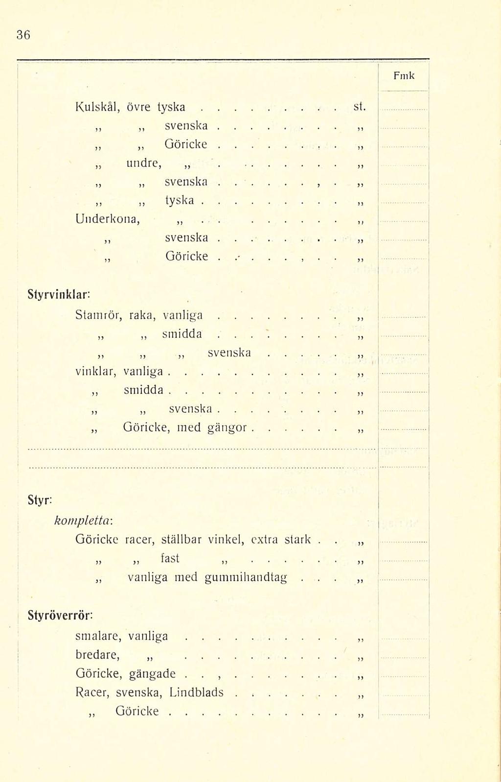 Fmk Kulskål, övre tyska st svenska Göricke undre, svenska >, tyska Underkona,, svenska Göricke Styrvinklar: Stamrör, raka, vanliga smidda svenska vinklar, vanliga smidda svenska Göricke,