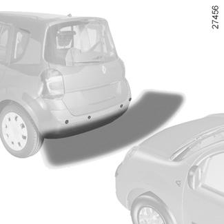 PARKERINGSASSISTANS Funktionsprincip Ultraljudsdetektorer, inbyggda i bilens stötfångare bak, mäter avståndet mellan bilen och eventuella föremål vid en backningsmanöver.
