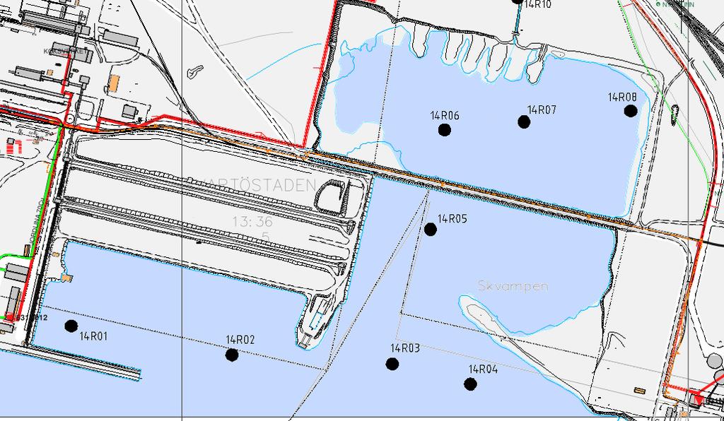 4 GENOMFÖRANDE Sjöbotten i undersökningsområdet har kontrollerats i sju punkter från sjöisen under 2013-02-26. Istjockleken vid undersökningstillfället var ca 50 cm och temperaturen 0ºC.