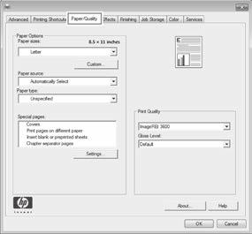 1 Välj alternativet [Print] (skriv ut) i programvaran 2 Välj produkten och klicka på [Preferences] (inställningar) eller [Properties] (egenskaper) 3 Klicka på fliken [Paper/Quality] (papper/kvalitet)