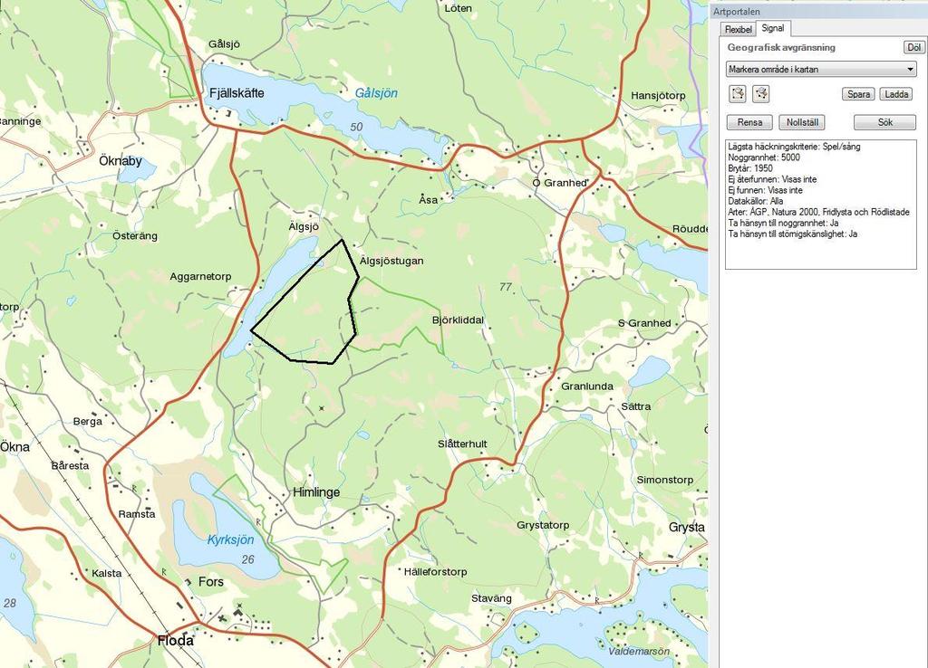 Vid signalsökning ritas en sökpolygon in, alternativt görs sökningen i aktuellt