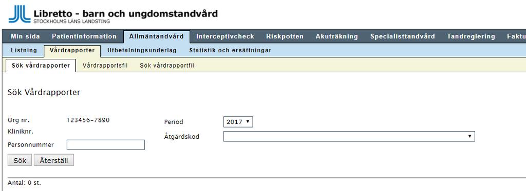 Fyll i de sökparametrar och klicka på Sök. En lista med de vårdrapporter som matchar sökkriterierna visas.