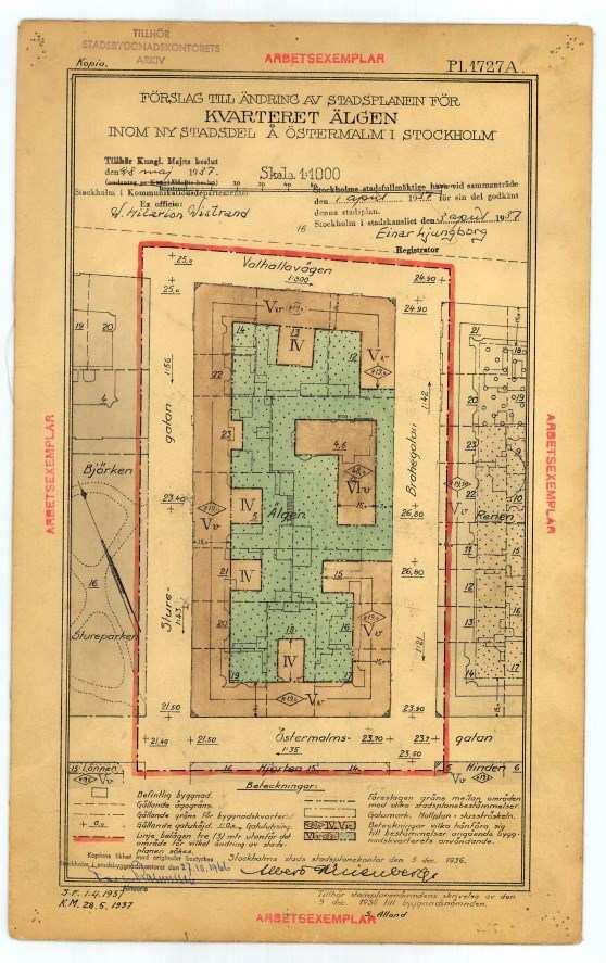 Sida 6 (13) Pl 1727A, fastställd 1937. Gatuhuset får uppföras till högst 5 våningar, vind får inredas. Byggnadsdel mot gård får uppföras i högst 4 våningar. Vind får ej inredas.