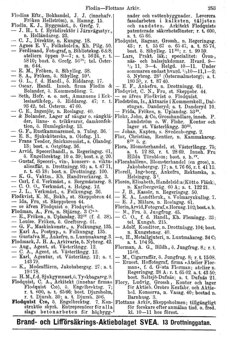 FlodinFlottans Arkiv. 253 Flodins Eftr., Bokhandel, J. J. (innehafv. nader och vattenbyggnader. Leverera Fröken Hellström), n. Hamng. 15. fasadarbeten i kalksten, täljsten Flodin, K. J., Bygzmäst., ö.