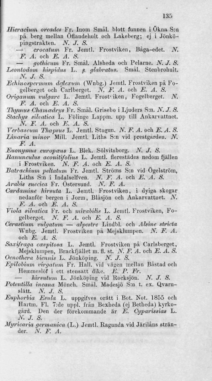 135 Ilieracium oreades Fr. Inom Smal. blott funnen i Ökna S:n pa berg mellan <)flaudehult och Lakeberg; ej i Jönköpingstrakten. JV. J. S. crocatum Kr. Jemtl. Frostviken, Båga-edet. JV. F. A. och E. A. S. gothicum Fr.