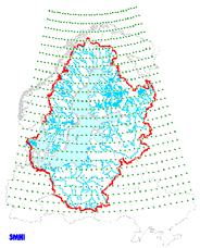 Figur 15. Den meteorologiska databasen täcker Östersjöns och Västerhavets tillrinningsområde. Kustzonsmodellen beaktar även deposition av oorganiskt kväve och fosfor från atmosfären.