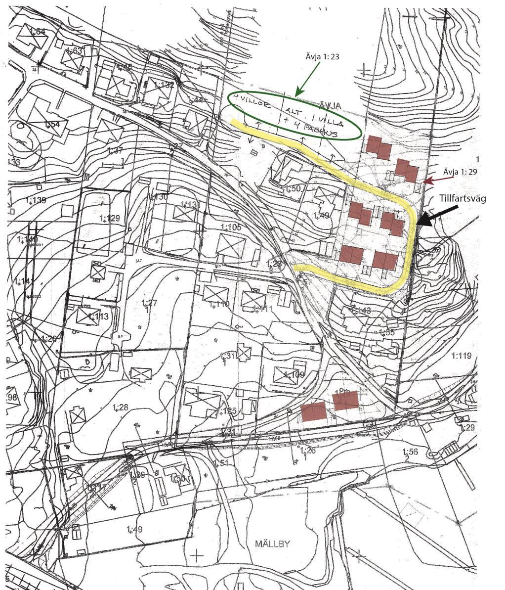 2 Trafikmängder A ny tillfartsväg B Ev ny väganslutning till väg 160 Figur 3. Idéskiss över placering av nya hus och nya vägdragningar.