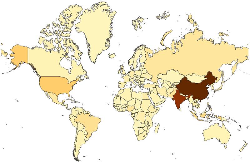 En områdeskarta kan användas för att visa geografiska områden, exempelvis länder.