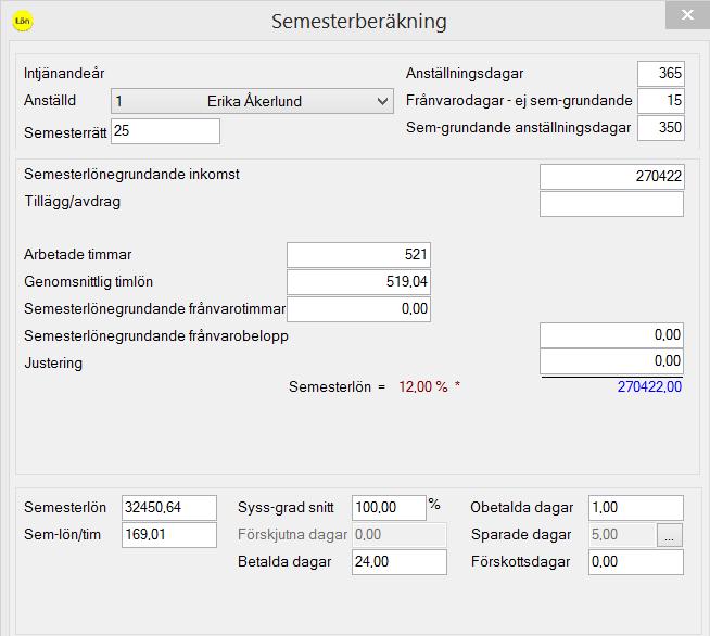 Beräkning av antalet semestertimmar När semestertimmarna beräknas utgår programmet från: Den anställdes anställningsdatum i förhållande till det intjänandeår som beräkningen avser.