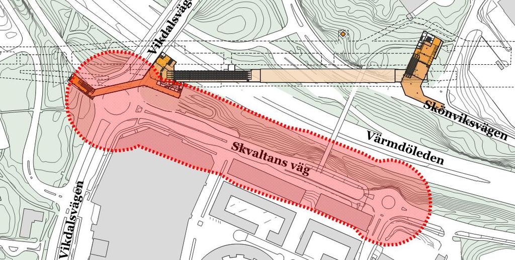 Figur 8. Avstånd 30 meter till Skvaltans väg markerat med rött streckat område. 3.1.4 Vikdalsvägen Vikdalsvägen är en sekundär transportled för farligt gods mellan Skönviksvägen och Skvaltans väg.