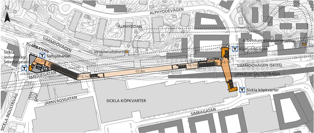 Figur 16. Stationsentréer till station Sickla i förhållande till planerad infrastruktur och bebyggelse. 4.1.1 OKQ8 Nacka Värmdövägen 