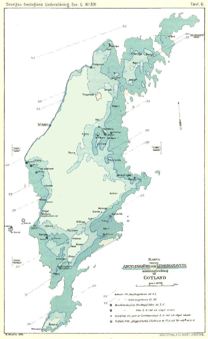 Figur 13-1 Karta visande Ancylussjöns och Litorinahavets maximala utbredning på Gotland. Av ka