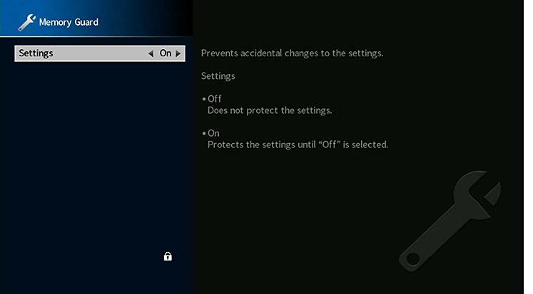 ECO Ändrar inställningen för funktionen automatiskt standby-läge. Memory Guard Förhindrar att någon ändrar inställningarna av misstag. Memory Guard Inställningar Off On Skyddar inte inställningarna.