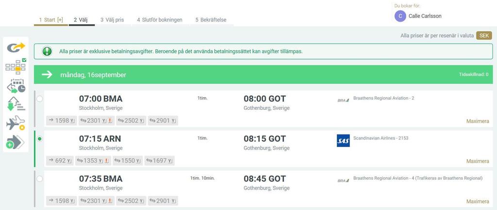 Flygbokning 2. Här ser du vart du befinner dig i bokningsflödet 1.