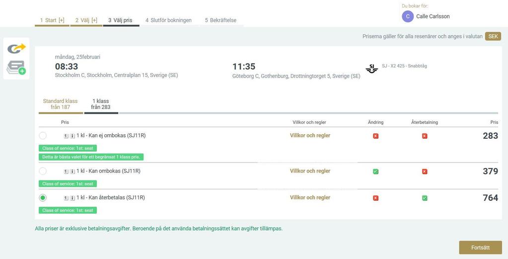 Tågbokning 1. Expandera så du kan se alla prisalternativ 2.