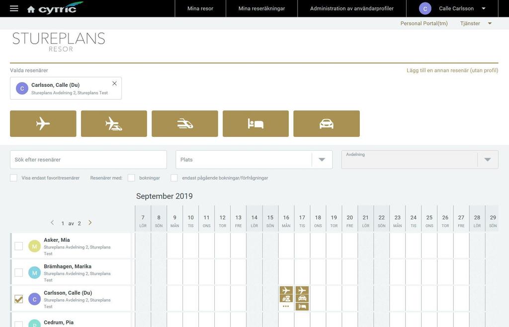 Resebeställare 3. De resenärer du har valt att boka för hamnar här, så att du enkelt kan se vilka du bokar åt. 5. För att komma tillbaka till denna bokningssida tryck på din personliga portal.